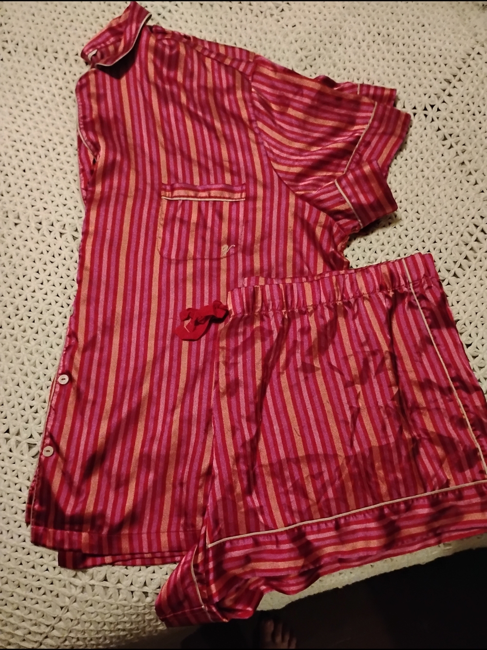 Victoria's Secret Pink and Magenta Striped Satin Two Piece Pajama